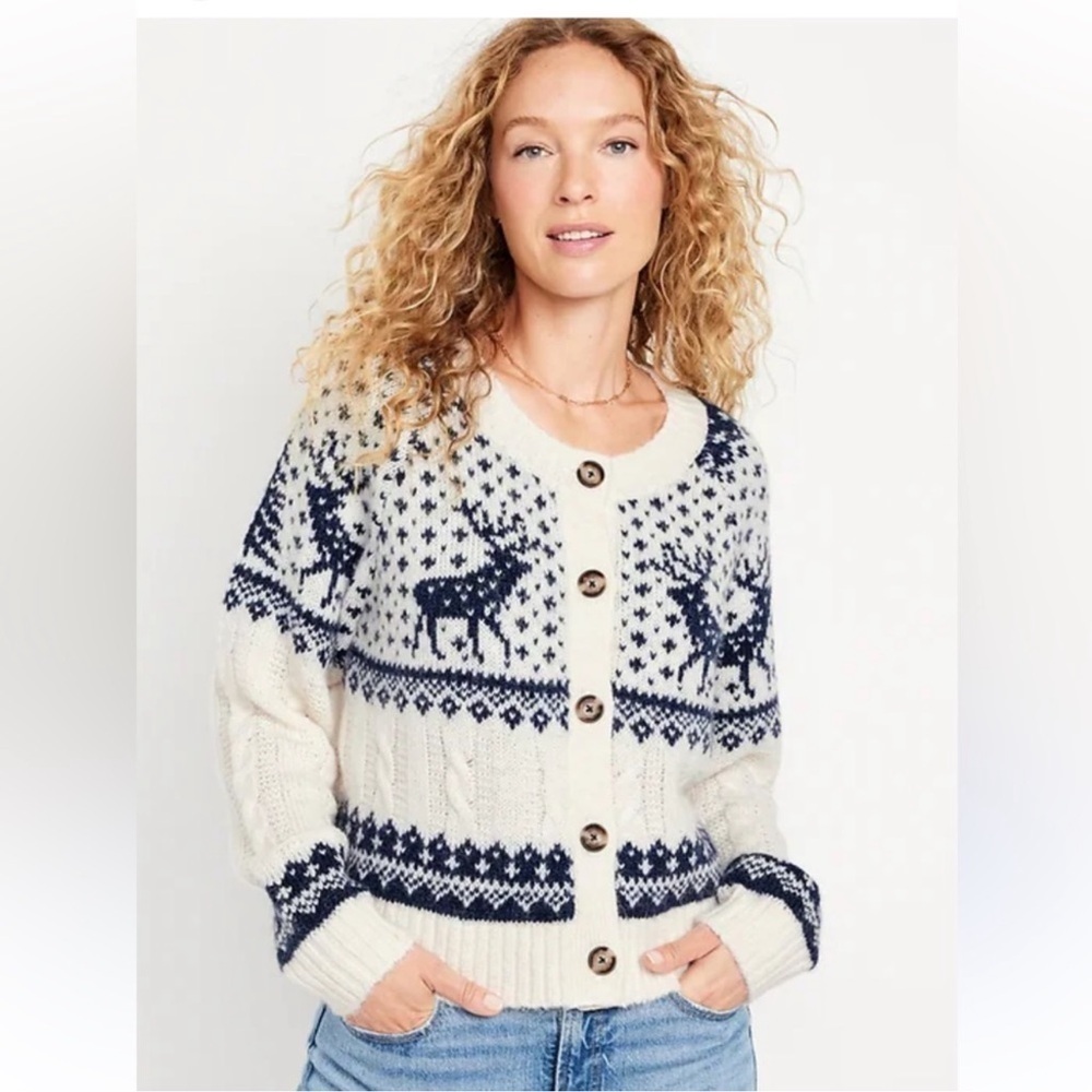 Old Navy M Go recycled fair isle moose cardigan sweater